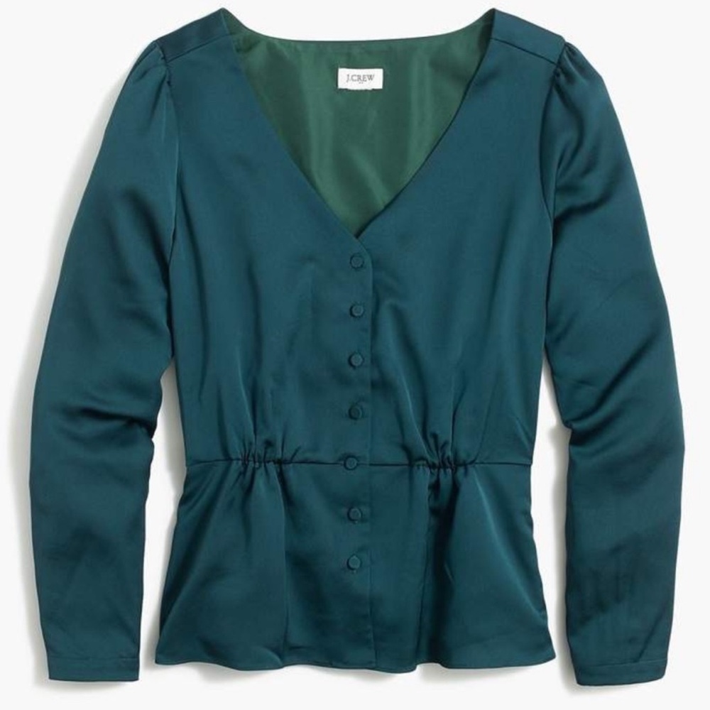 J Crew Green Peplum Satin Crepe Long Sleeve Button Front Blouse Size 4 Small NWT
